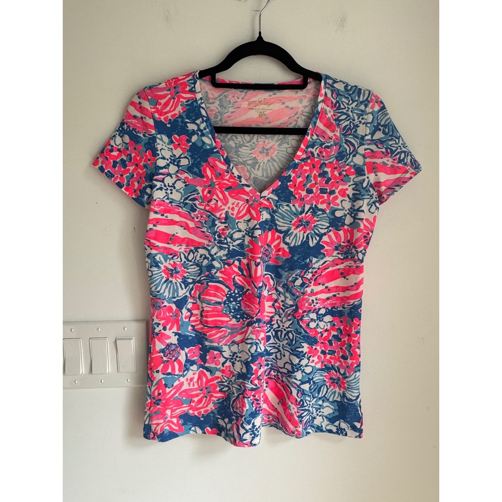 Lilly Pulitzer Pink Blue Floral V-Neck Short Sleeve Cotton Stretch Top Small